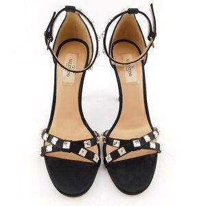 VALENTINO Crystal Rockstud Black Satin Crisscross Ankle Strap Heel Sandals 38